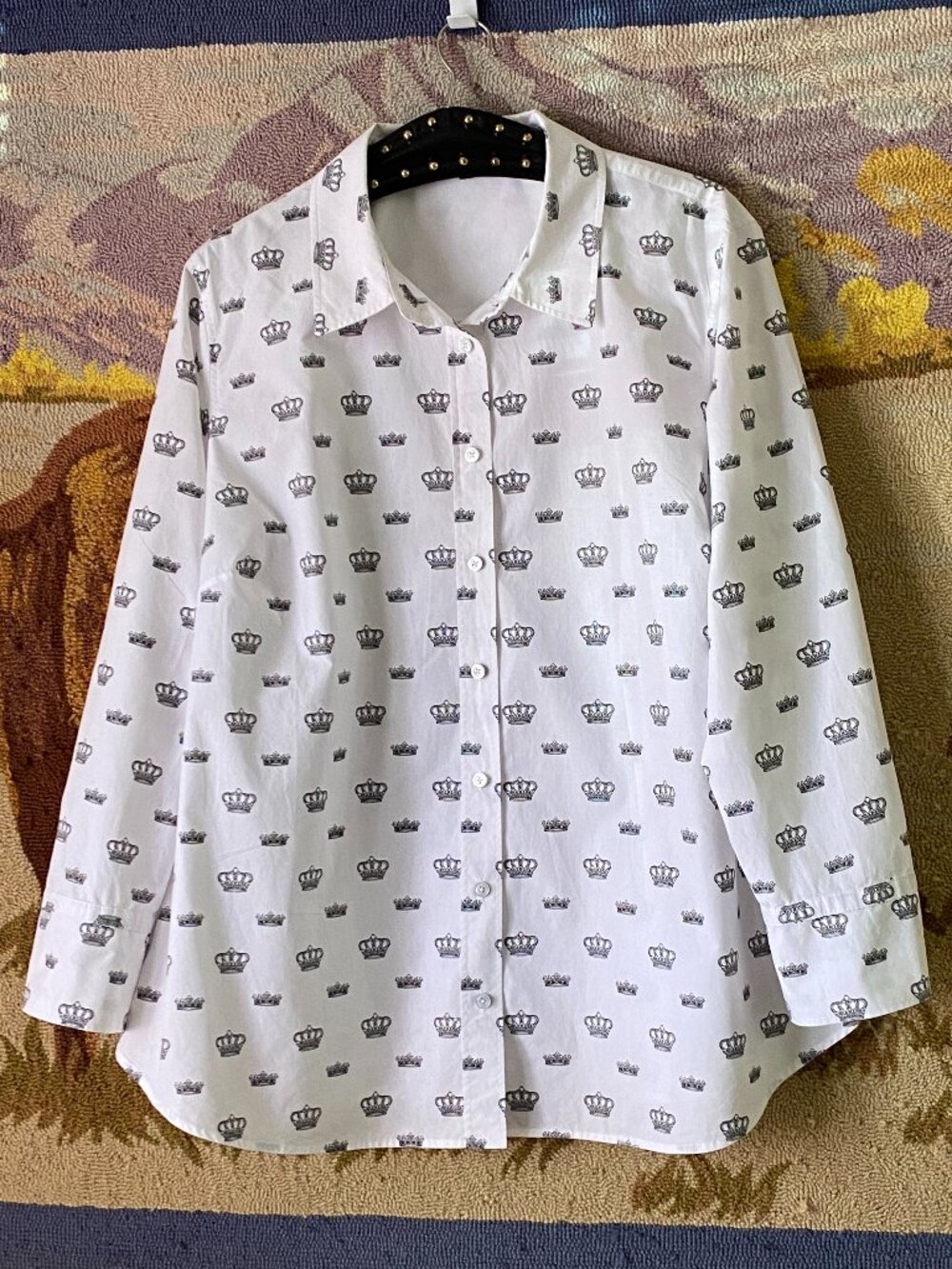 Talbots Womens Sz 2X Blouse Shirt Long Sleeve White/Black Crown Print